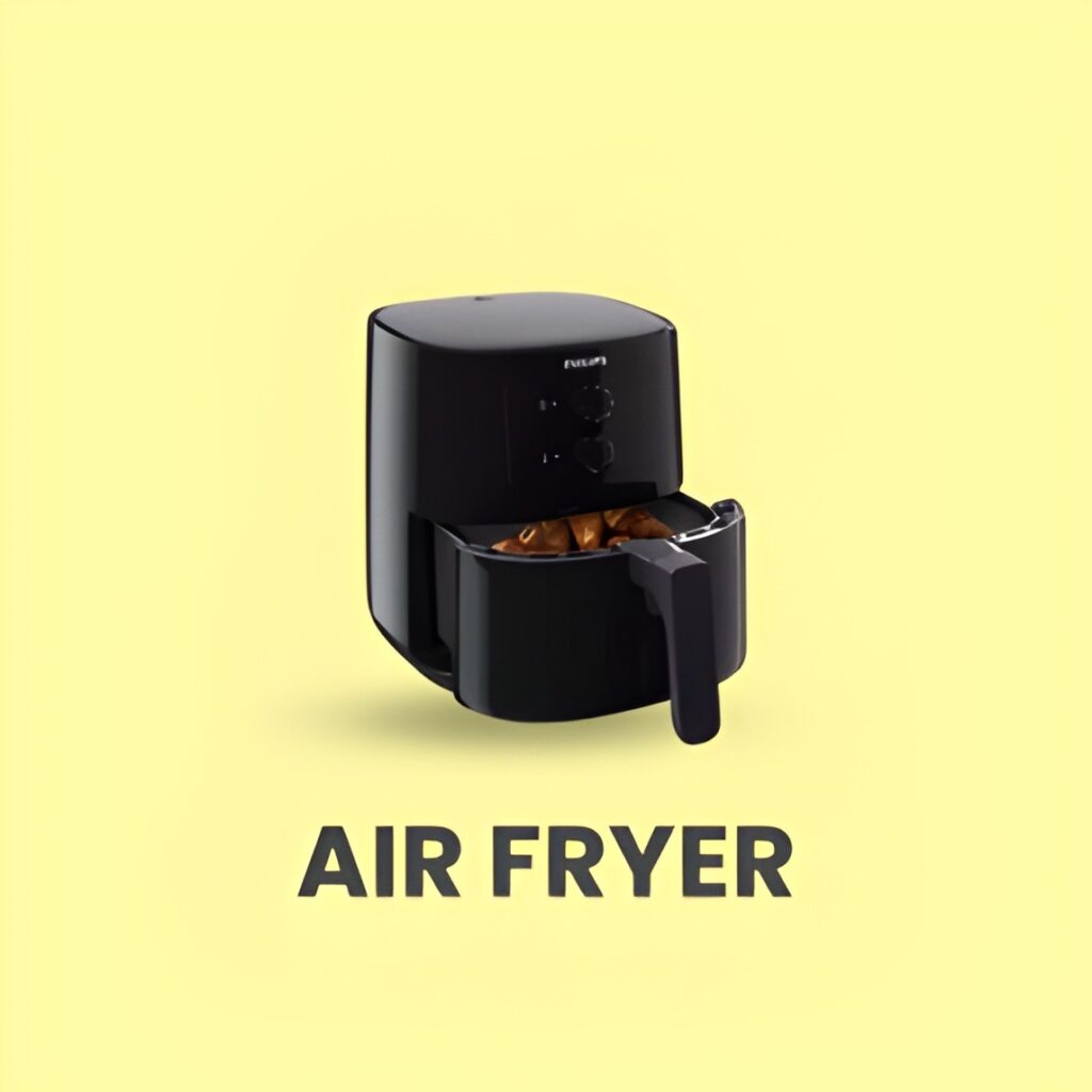 A compact air fryer with crispy fries inside, placed on a kitchen countertop.