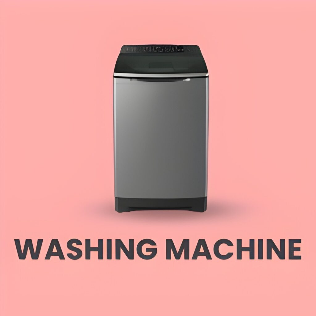 A front-load washing machine in a stylish laundry room, cleaning clothes.