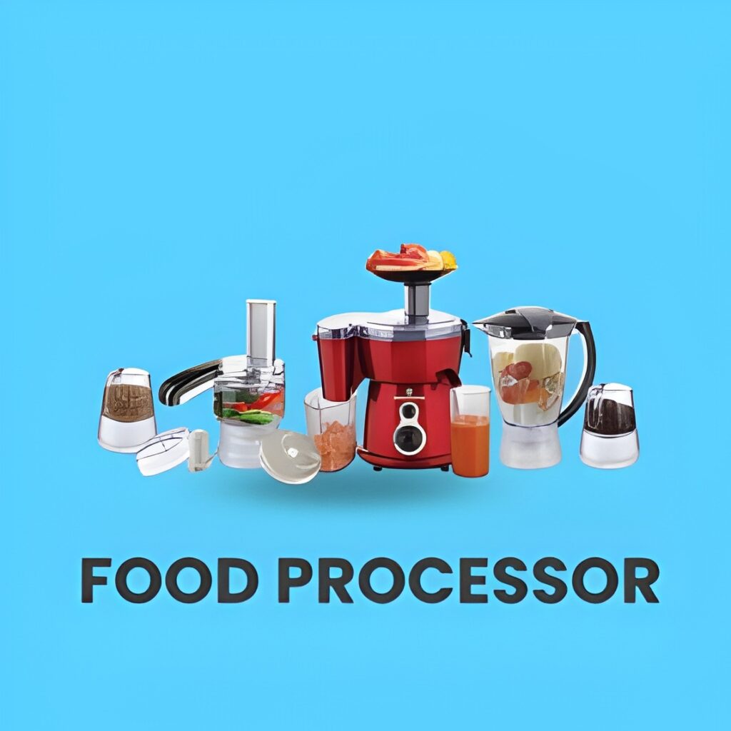 A food processor with various attachments on a kitchen counter, ready for use.